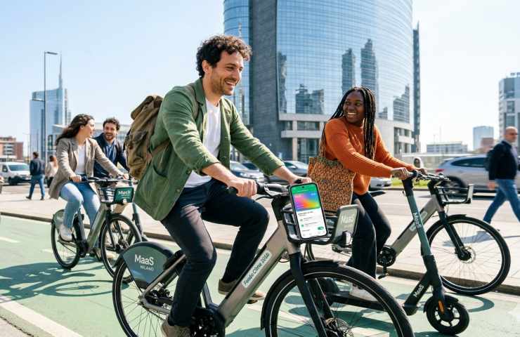 persone in e-bike e monopattino elettrico a Milano che utilizzano il voucher MaaS tramite smartphone su una pista ciclabile urbana luminosa.