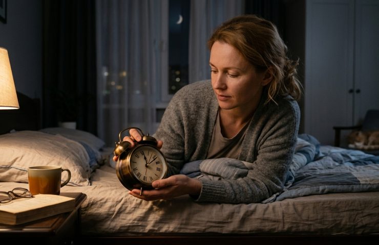 Donna in camera da letto di notte cambia le lancette della sveglia analogica sul comodino, con luce della lampada e finestra sullo sfondo.