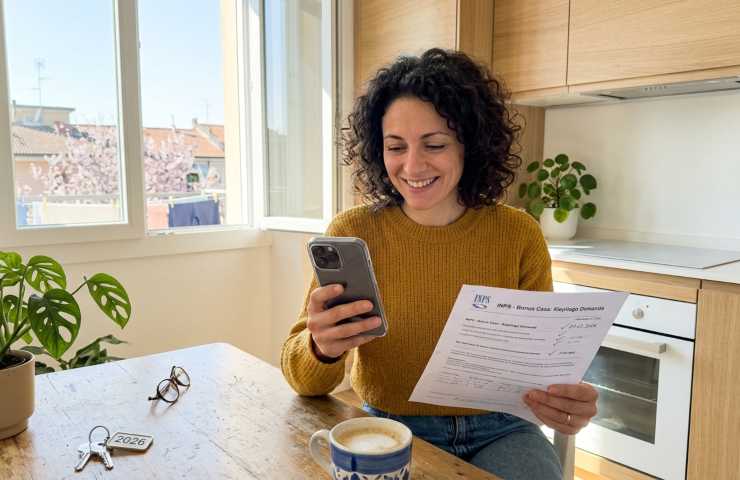 Donna consulta riepilogo domanda Bonus Casa 2026 su smartphone in cucina luminosa per scadenza ISEE INPS marzo.