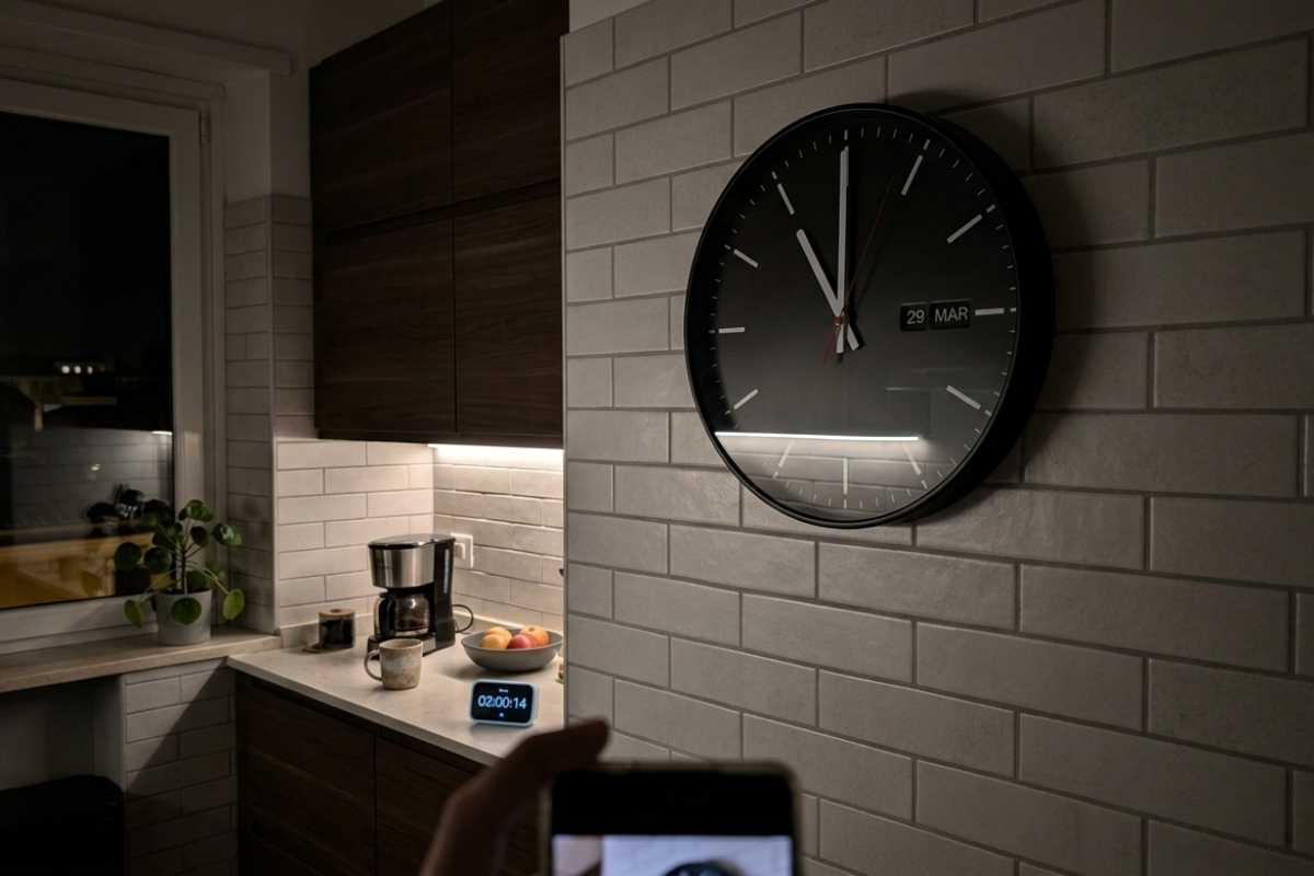 Orologio da muro moderno in cucina che segna le ore 2 del mattino durante il cambio ora legale 2026.