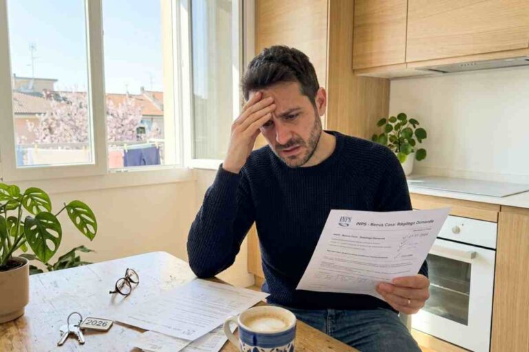 Uomo preoccupato consulta riepilogo domanda Bonus Casa 2026 su smartphone in cucina luminosa per scadenza ISEE INPS marzo.