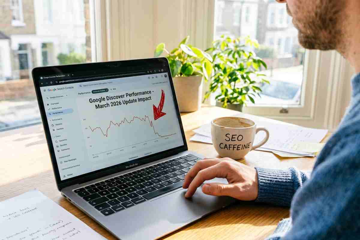 Grafico Google Search Console con calo di traffico da Google Discover dopo l'aggiornamento algoritmo di Marzo 2026 su un laptop in una stanza luminosa.