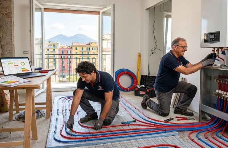 Idraulici installano riscaldamento a pavimento per Bonus Casa 2026: cantiere con tubi PEX, caldaia e computer per audit energetico.