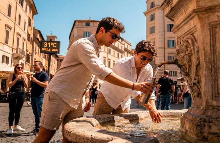 Due giovani si rinfrescano a una fontana storica a Roma durante l'ondata di caldo record dell'anticiclone africano di aprile 2026.