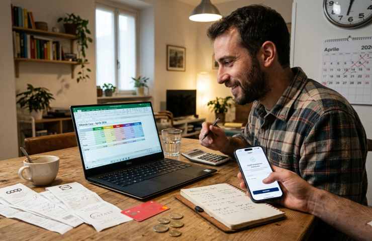 Uomo sorridente che gestisce il bilancio domestico su PC e app nel 2026 con scontrini Coop ed Eataly sul tavolo, simbolo di pianificazione finanziaria e risparmio.