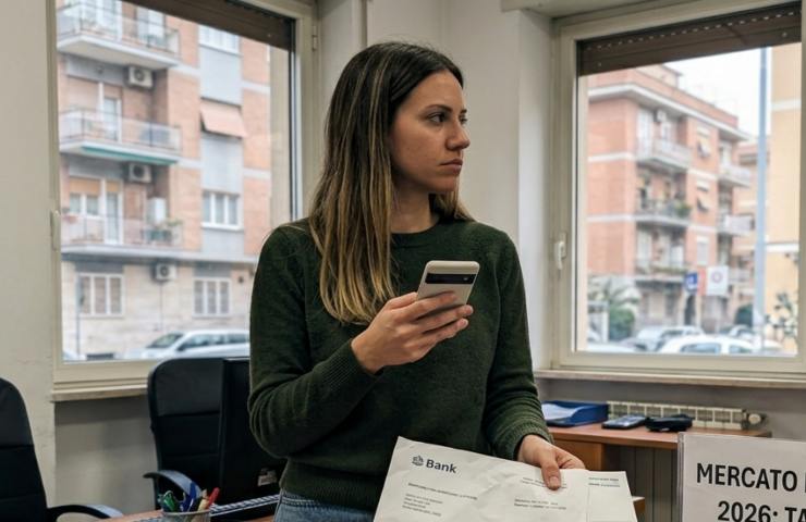 Donna in agenzia immobiliare analizza preventivo mutuo 2026: impatto dell'inflazione sui risparmi e aumento prezzi case a Roma.