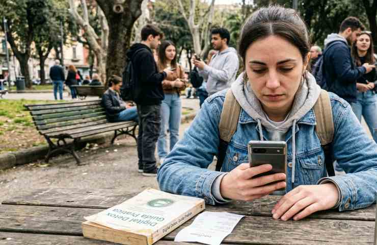 Donna seduta all'aperto con libro davanti ed altre persone alle spalle che consulta lo smartphone.