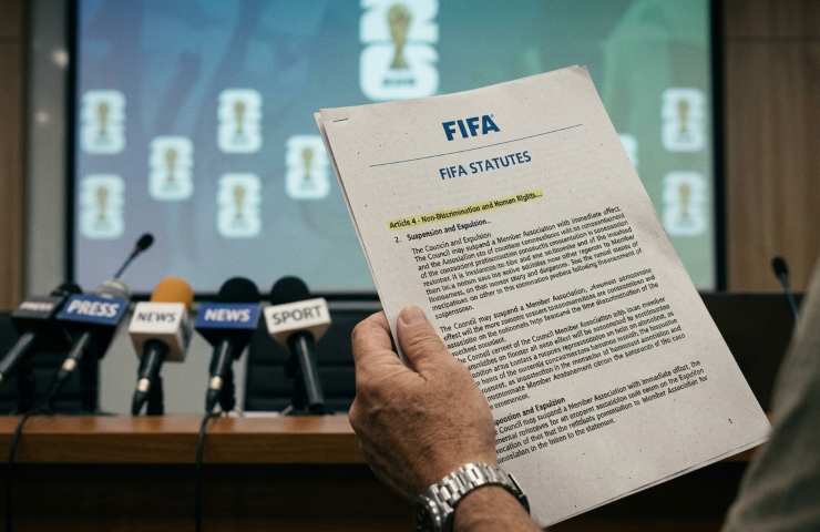 Primo piano di un documento ufficiale degli Statuti FIFA in una sala stampa: analisi dell'Articolo 4 sui diritti umani per il possibile ripescaggio dell'Italia ai Mondiali 2026.