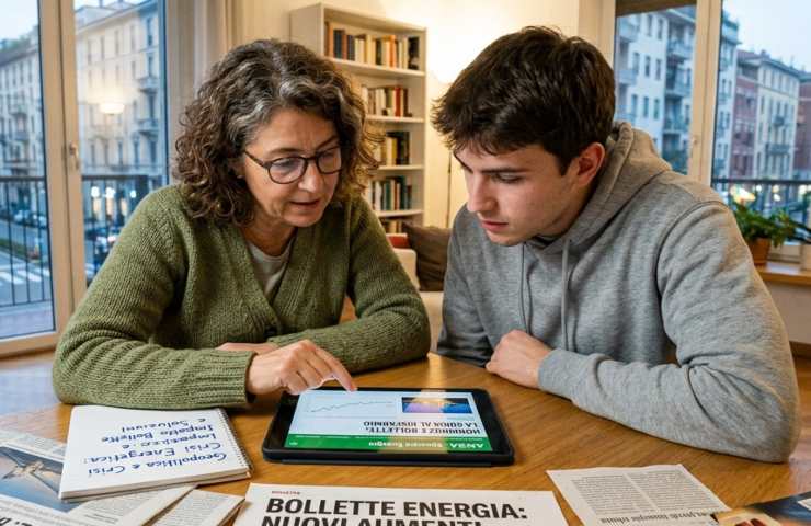 Analisi bollette energia 2026: madre e figlio consultano tablet e giornali su rincari ARERA e crisi geopolitica allo stretto di Hormuz in un interno domestico luminoso.
