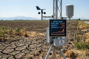 Stazione meteo professionale del CNR monitora l'anomalia termica di +9°C e la siccità causata dall'anticiclone africano in un campo agricolo ad aprile 2026.