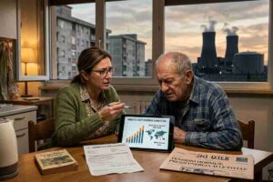Impatto costi energia domestica 2026: coppia esamina grafici su rincari gas e petrolio con quotidiano su tensioni Geopolitiche e centrale elettrica visibile dalla finestra.