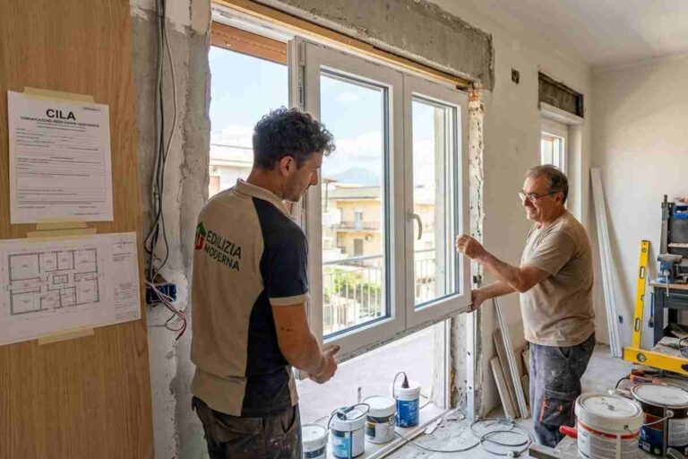 Installazione infissi per Bonus Ristrutturazioni 2026: operai in cantiere con modulo CILA e progetto edile per detrazioni fiscali casa.