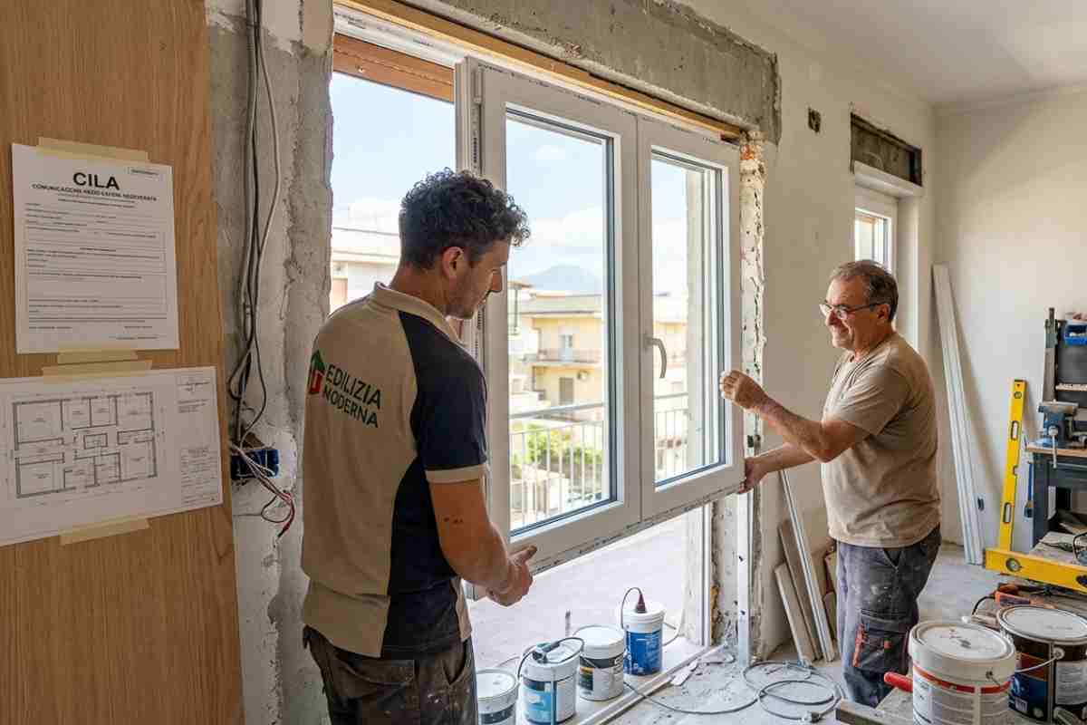 Installazione infissi per Bonus Ristrutturazioni 2026: operai in cantiere con modulo CILA e progetto edile per detrazioni fiscali casa.