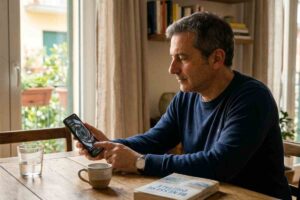 Uomo seduto a tavola che guarda lo smartphone, mostrando un vortice digitale di scrolling infinito, con un libro di "Benessere Digitale" in primo piano.