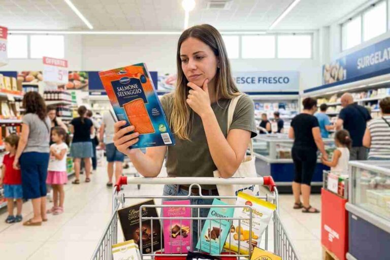 Donna al supermercato analizza prodotti di lusso e salmone selvaggio: esempio reale di psicologia del consumo e tendenza Doom Spending 2026.
