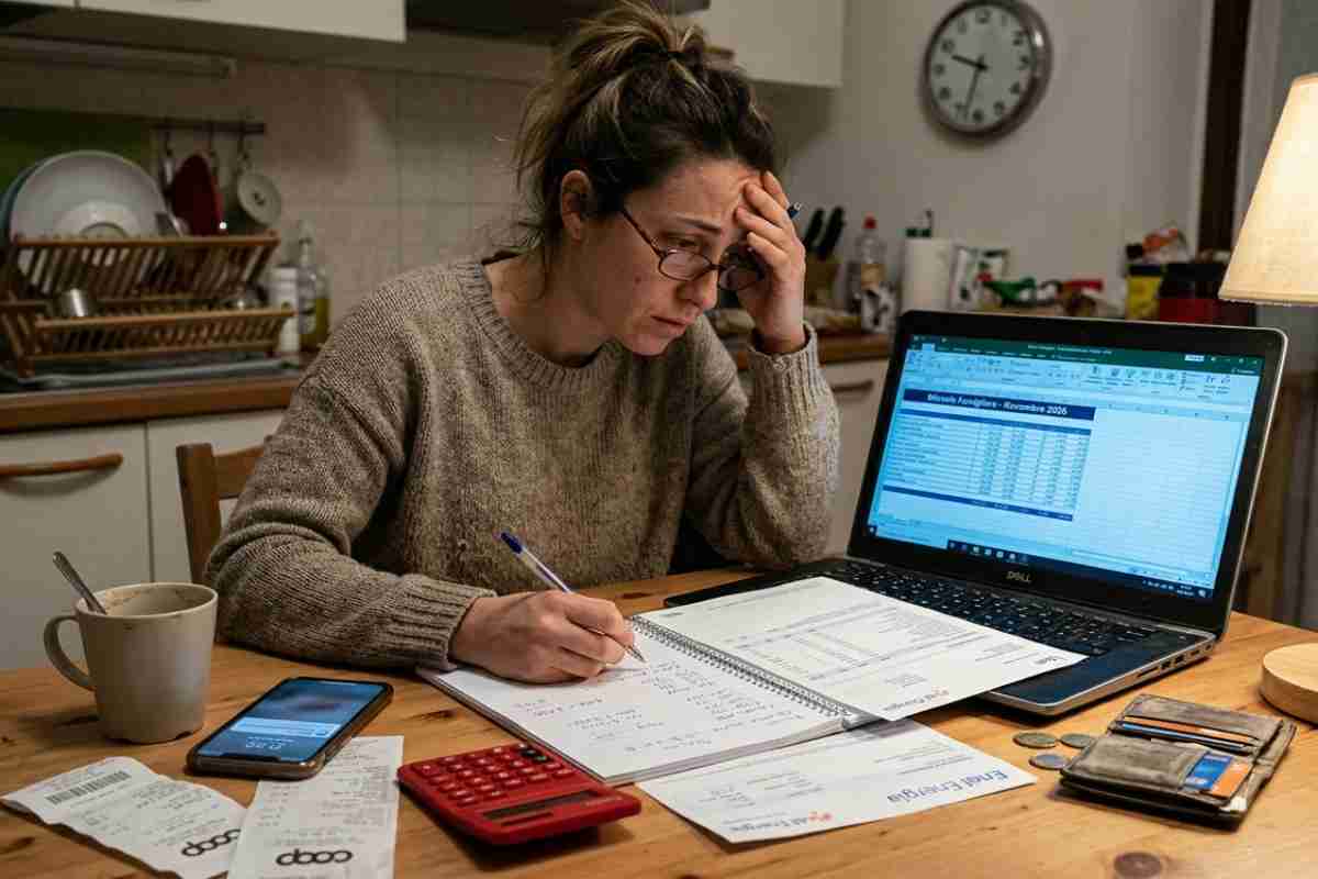 Donna stressata che analizza il bilancio familiare 2026 in cucina con scontrini, calcolatrice e computer portatile, simbolo della gestione spese e psicologia del risparmio.